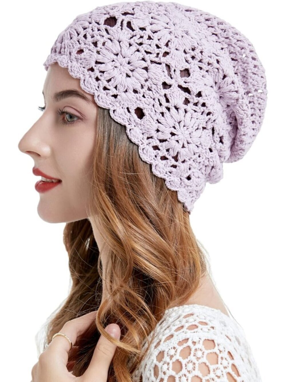 Women's Cotton Crochet Slouchy Beanie Hat Knit Summer Skull Cap Solid Purple